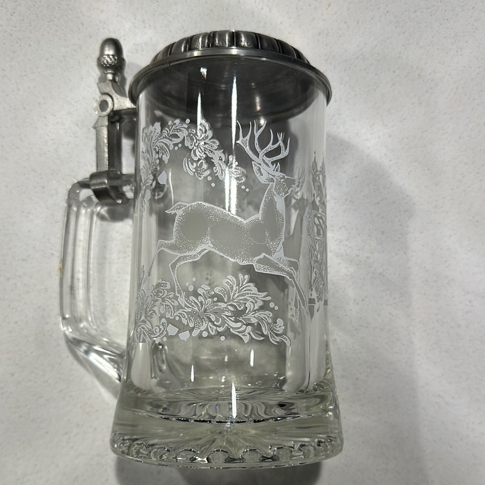 Vintage German Glass Tankard Beer Stein Pewter Lid 2 Etched Deer Nature scene